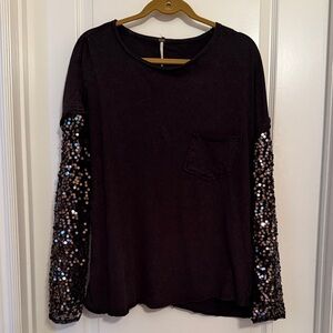 Free People Sequin Sleeve Black Top